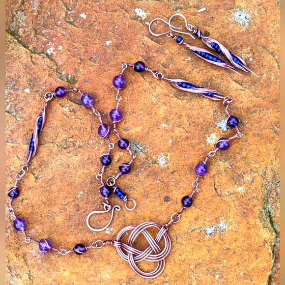 Hand Crafted Jewelry - Celtic Jewelry Set Necklace and Earrings Amethyst Gemstone Beads Evening Artisan